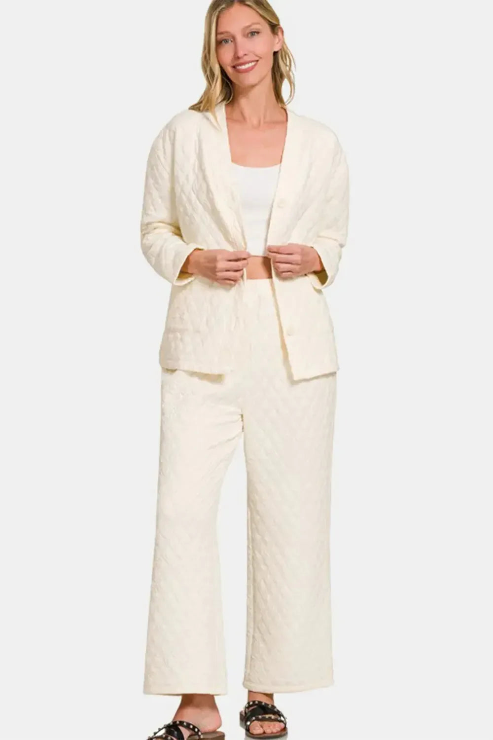 Zenana Quilted Button Up Long Sleeve Top and Pants Lounge Set - Plush Fashion Hub