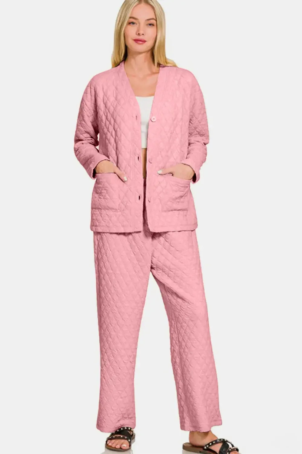 Zenana Quilted Button Up Long Sleeve Top and Pants Lounge Set - Plush Fashion Hub