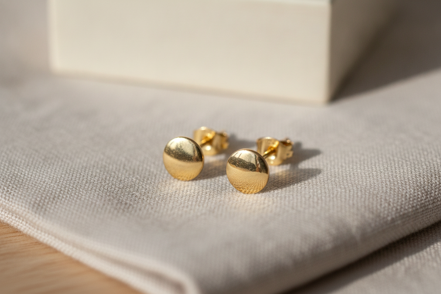 Minimalist 10k yellow gold stud earrings for everyday style and sustainable fashion inspiration