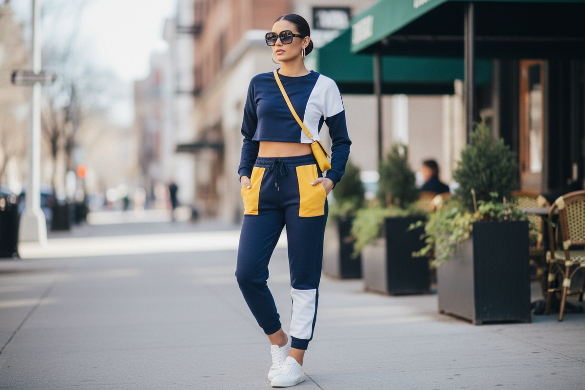 Trendy color block two piece set styled with sneakers for a casual streetwear look