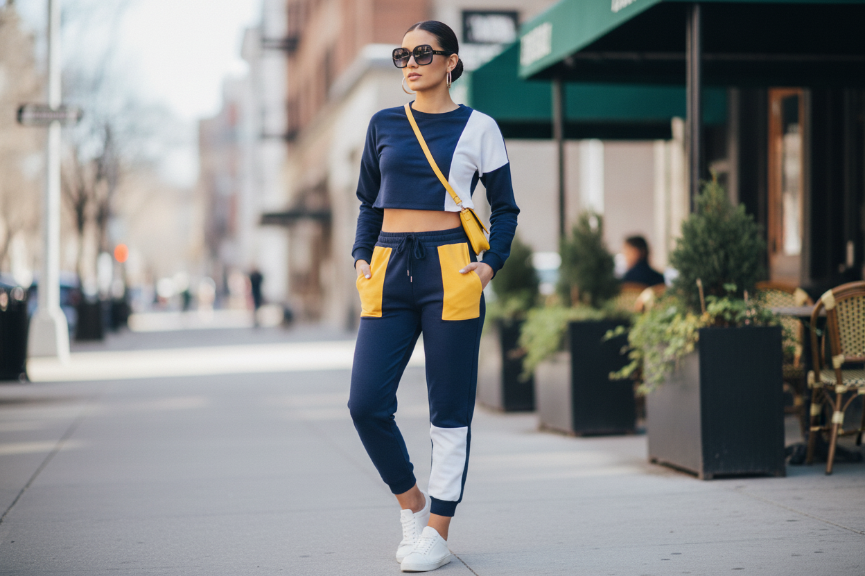 Trendy color block two piece set styled with sneakers for a casual streetwear look