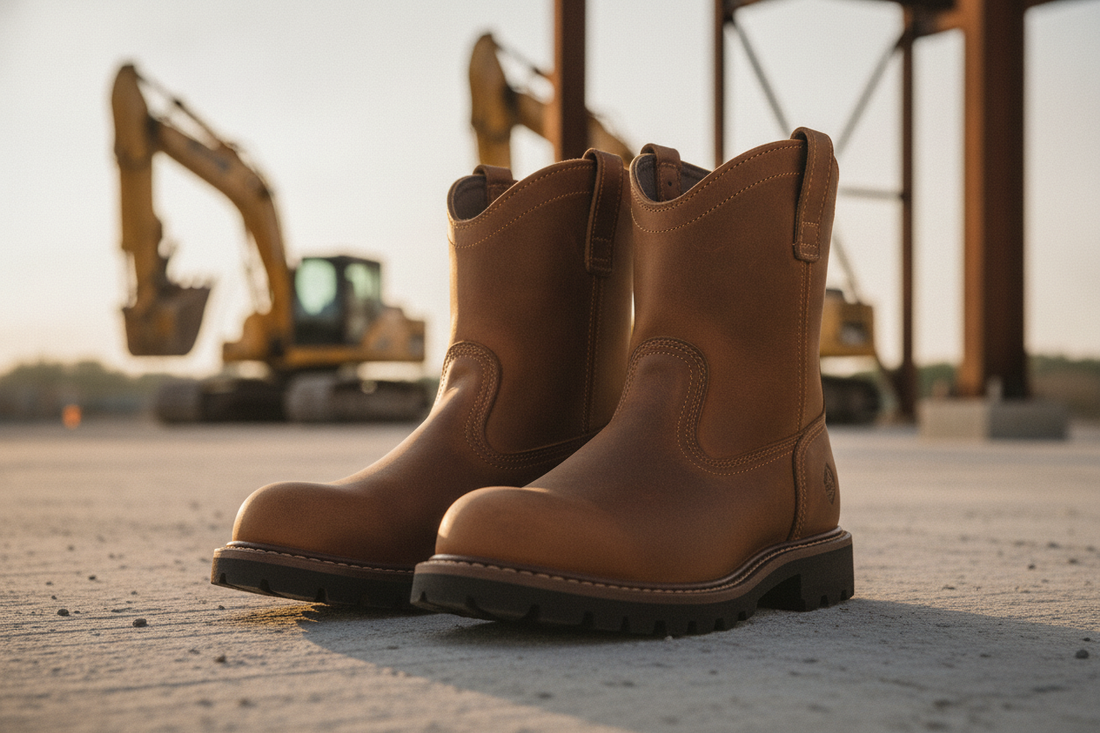Durable composite toe pull-on work boots on a construction site for safety and comfort