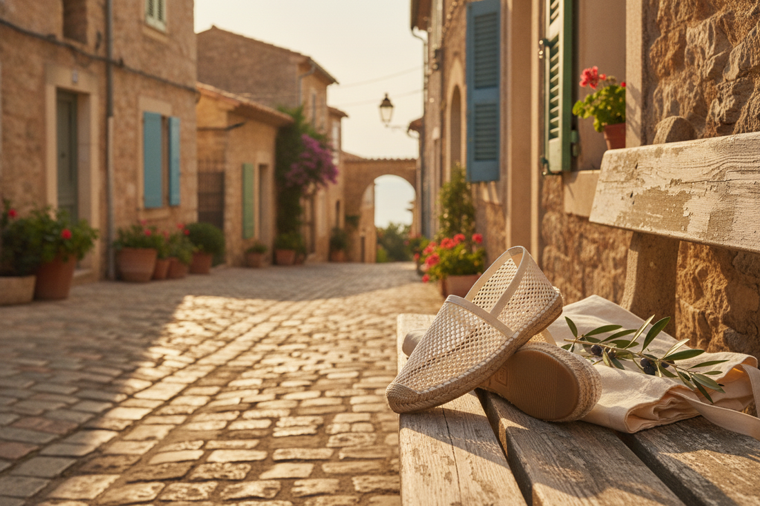 Chic mesh espadrilles on a rustic bench in a sunlit Mediterranean village, perfect for summer travel style