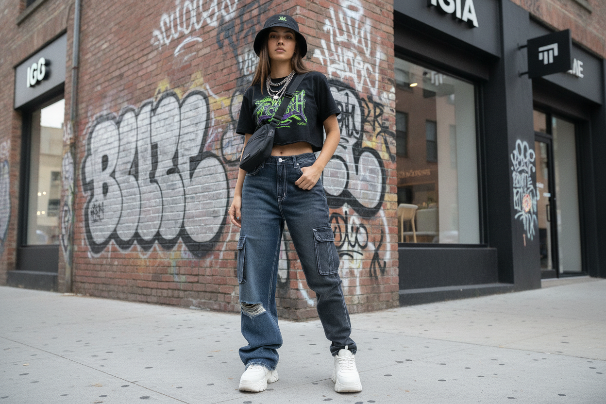 Trendy streetwear jeans for women styled with a crop top and sneakers in an urban setting