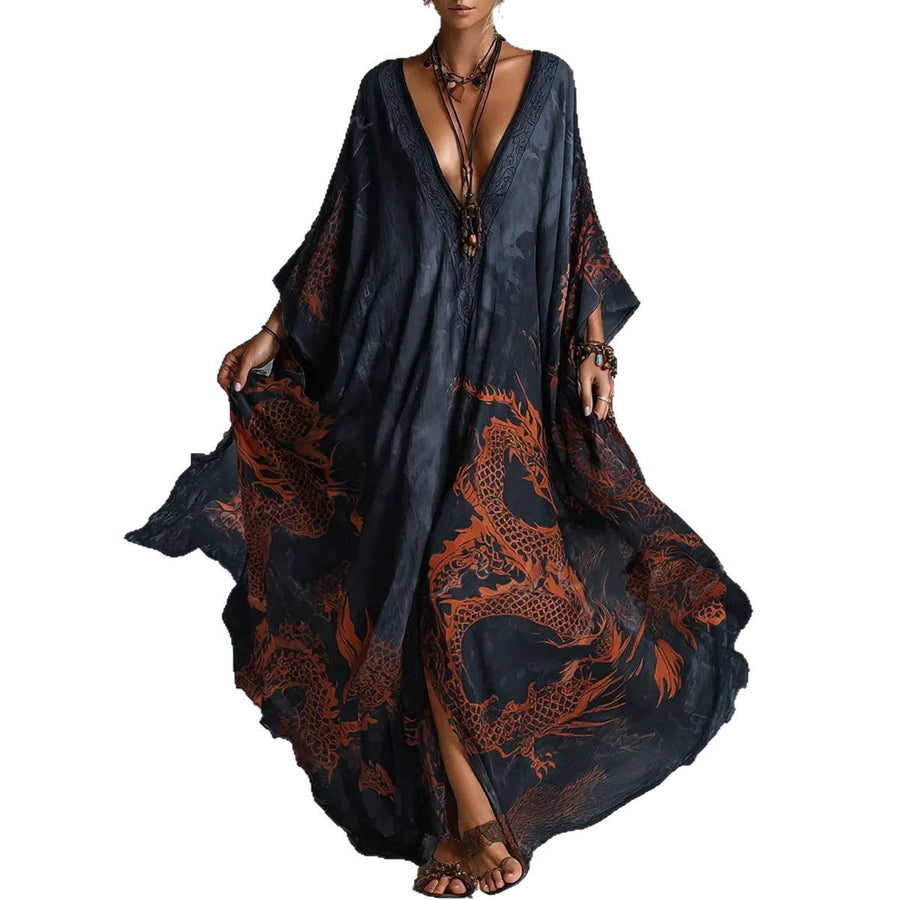 Eprolo dragon print beach vacation long dress outerwear with vibrant dragon design, flowing fabric, perfect for summer seaside outings.