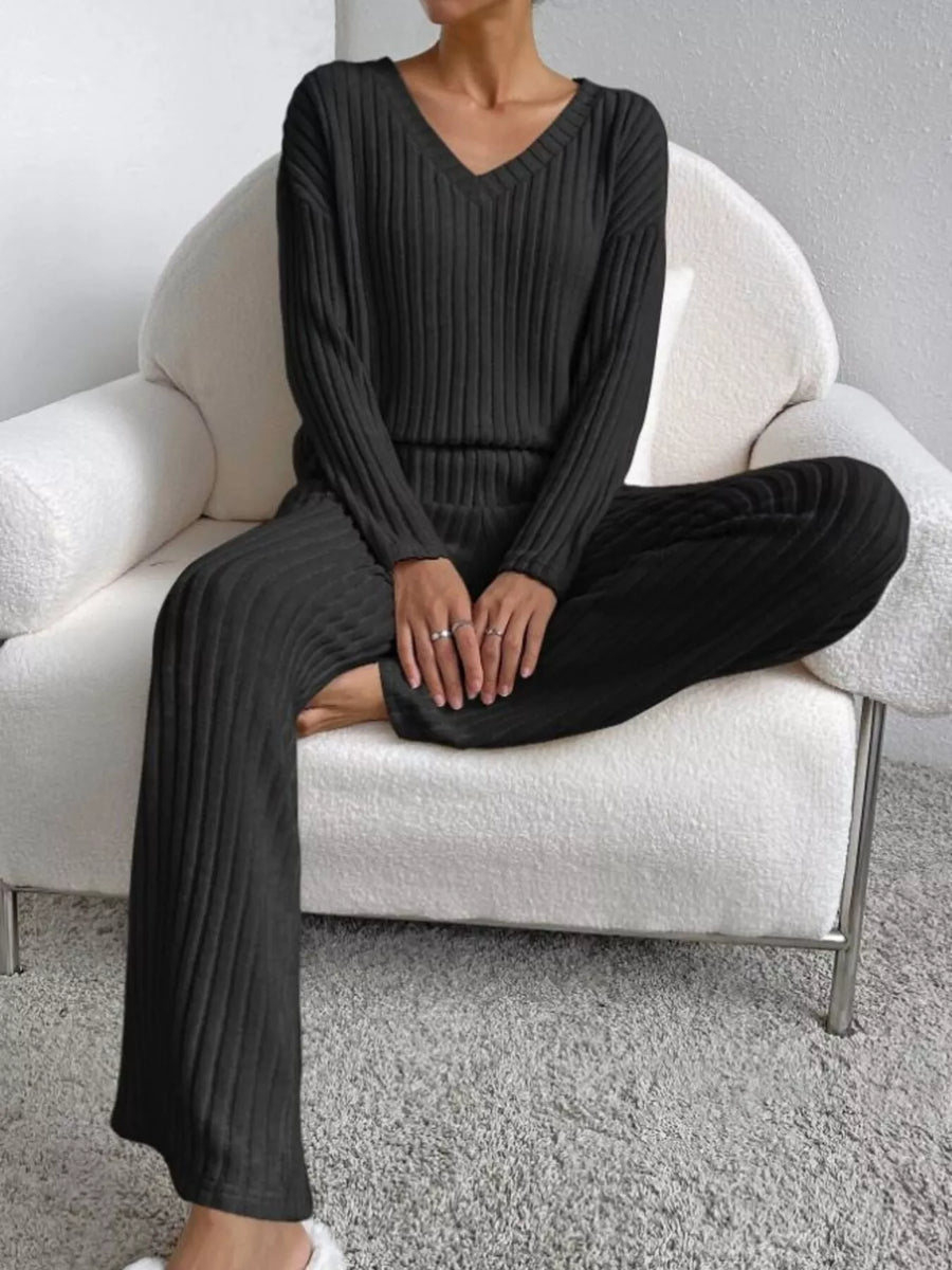 Ribbed knit V-neck top and matching pants set by Simply Love, featuring a comfortable, stylish casual outfit.