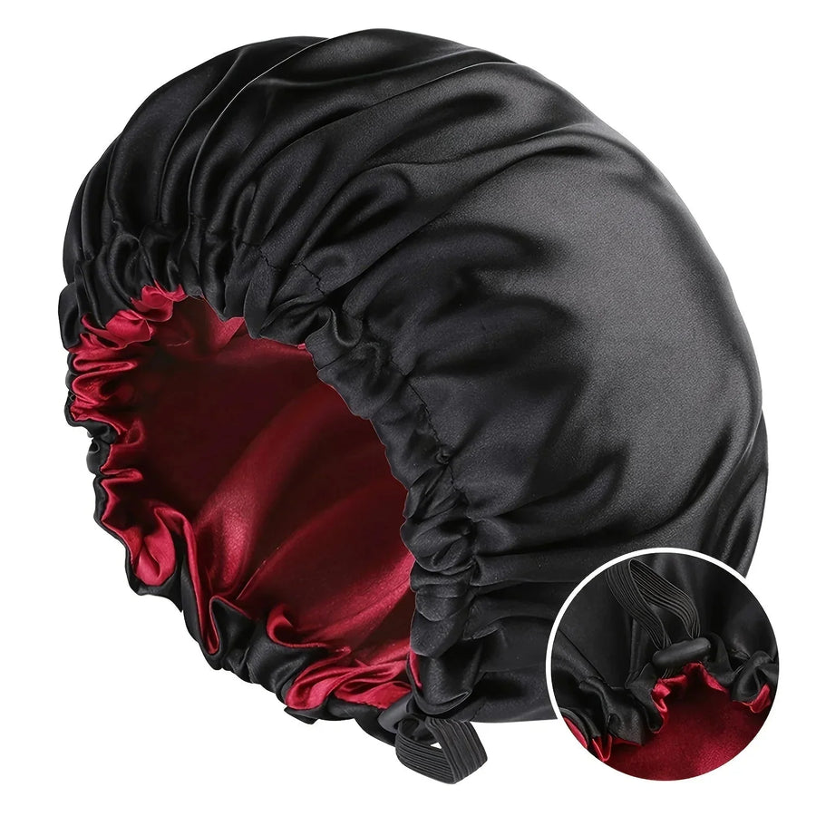 Soft silk women's sleep bonnet by Plush Fashion Hub, double-layered, with buttons and adjustable fit for comfortable home hair care.