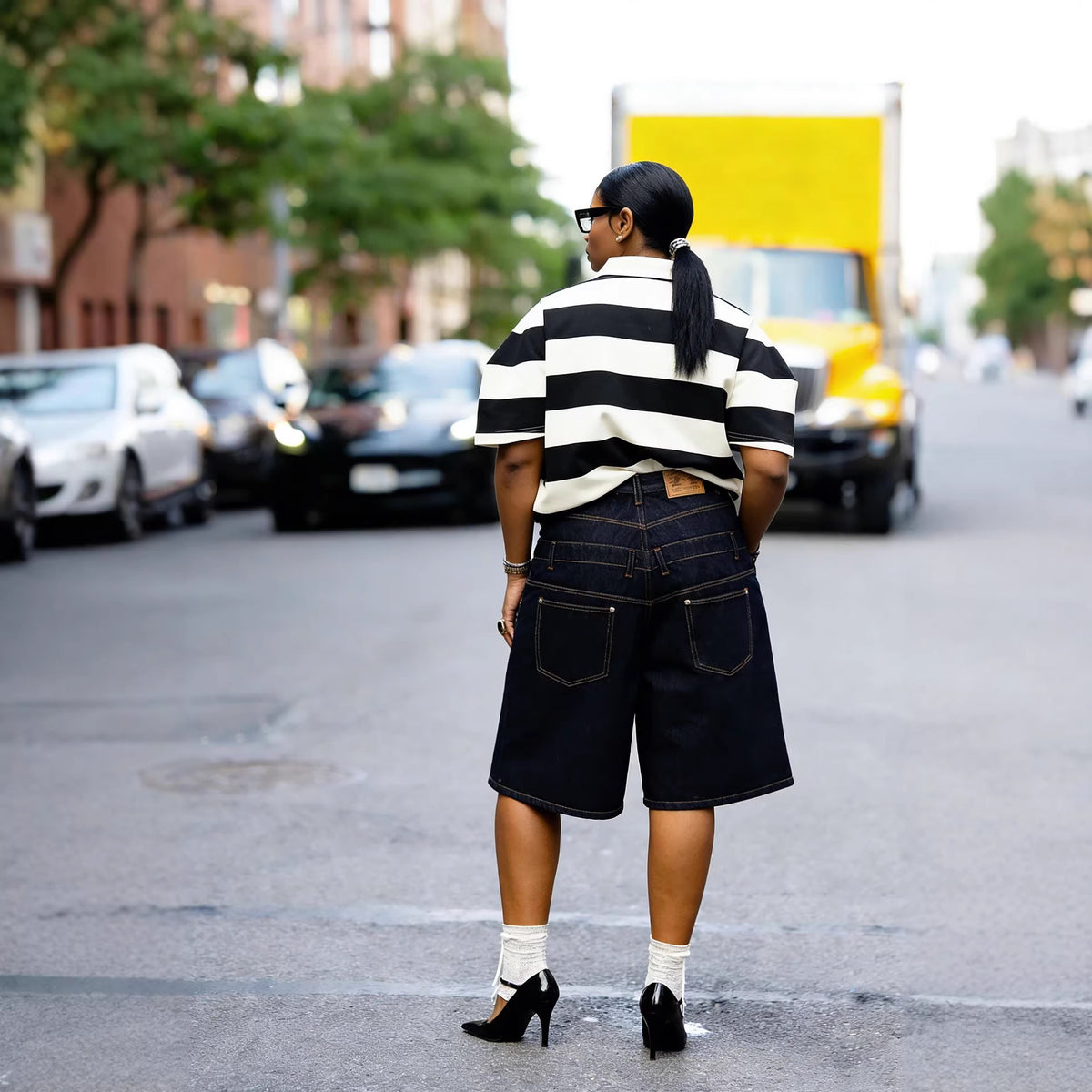 Street style double waistband studded denim two-piece set by Plush Fashion Hub, featuring a trendy denim top and matching skirt.