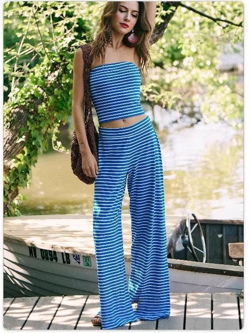 Women's striped tube top and matching pants set by FitiqueFit, casualwear two-piece modal outfit, front view, vibrant striped pattern
