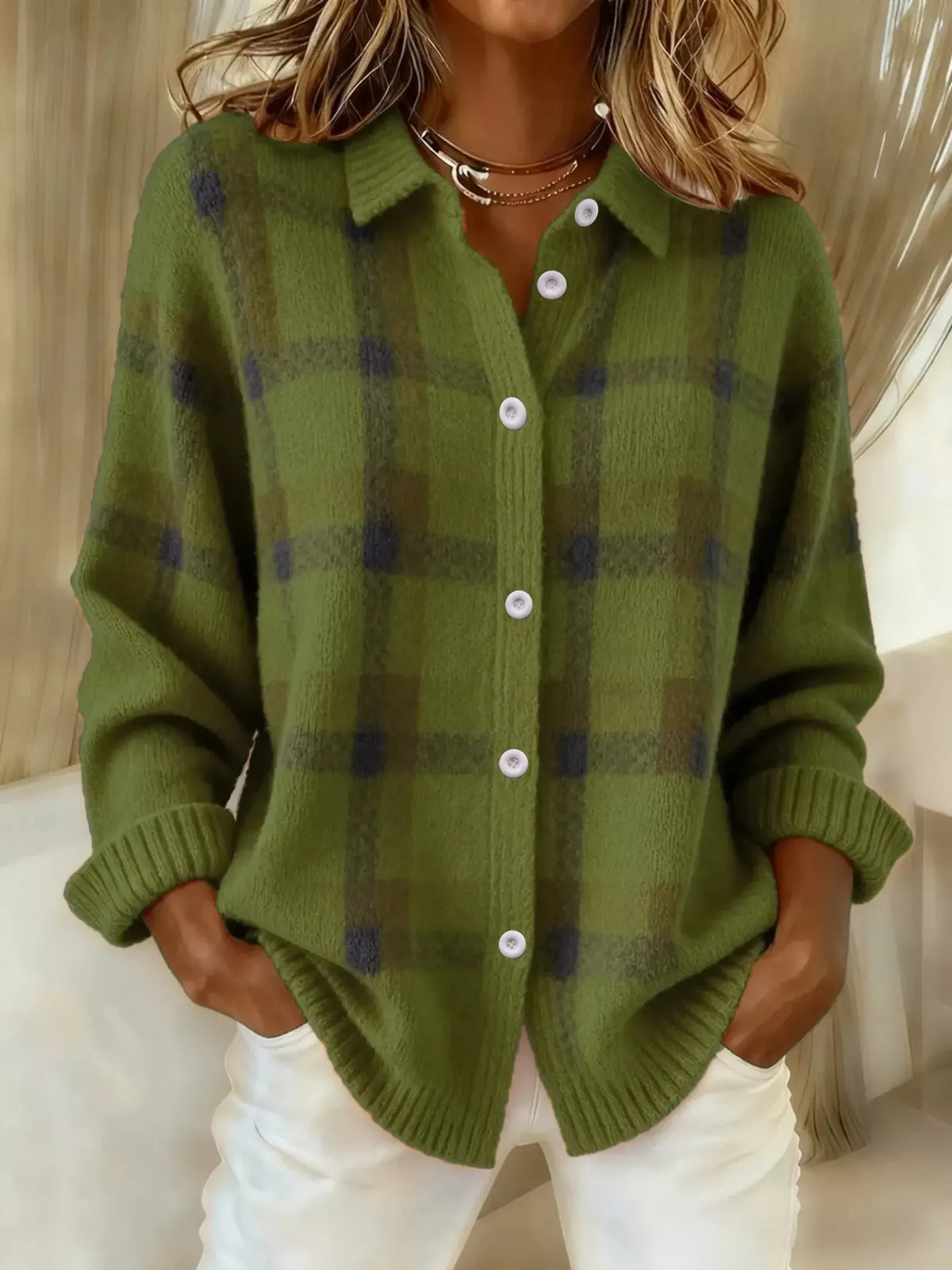 Trendsi plaid button-up cardigan featuring a classic pattern, long sleeves, and a cozy knit fabric, perfect for layered outfits.