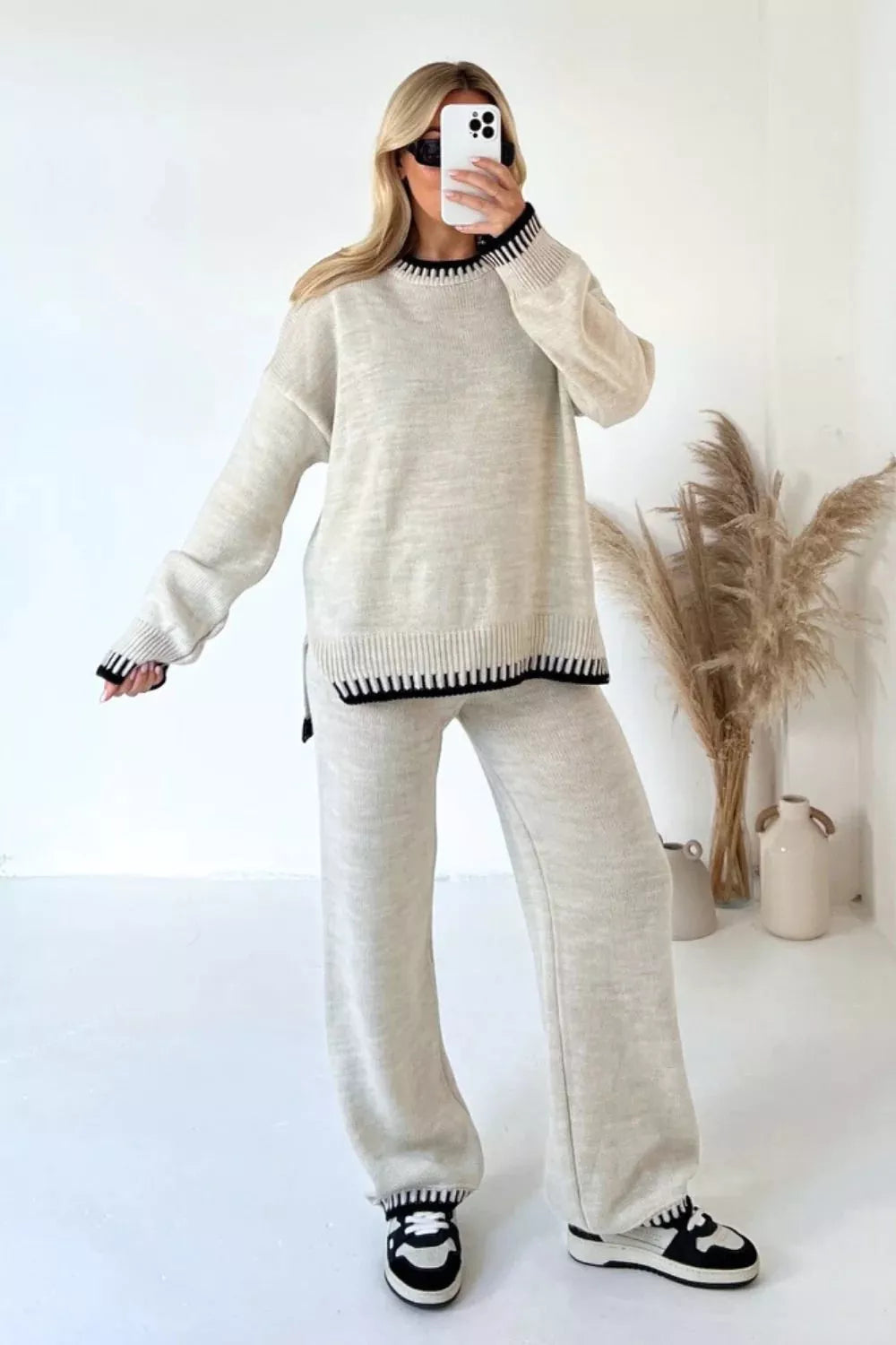 Simply Love contrast trim round neck sweater and pants set, featuring a cozy knit fabric with stylish color accents.