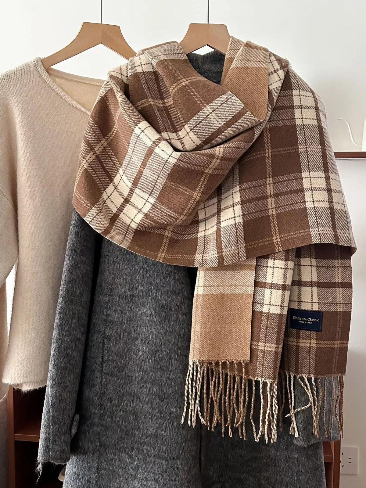 Simply Love classic fringe plaid scarf featuring a stylish plaid pattern with fringed edges, perfect for cozy fall and winter outfits.
