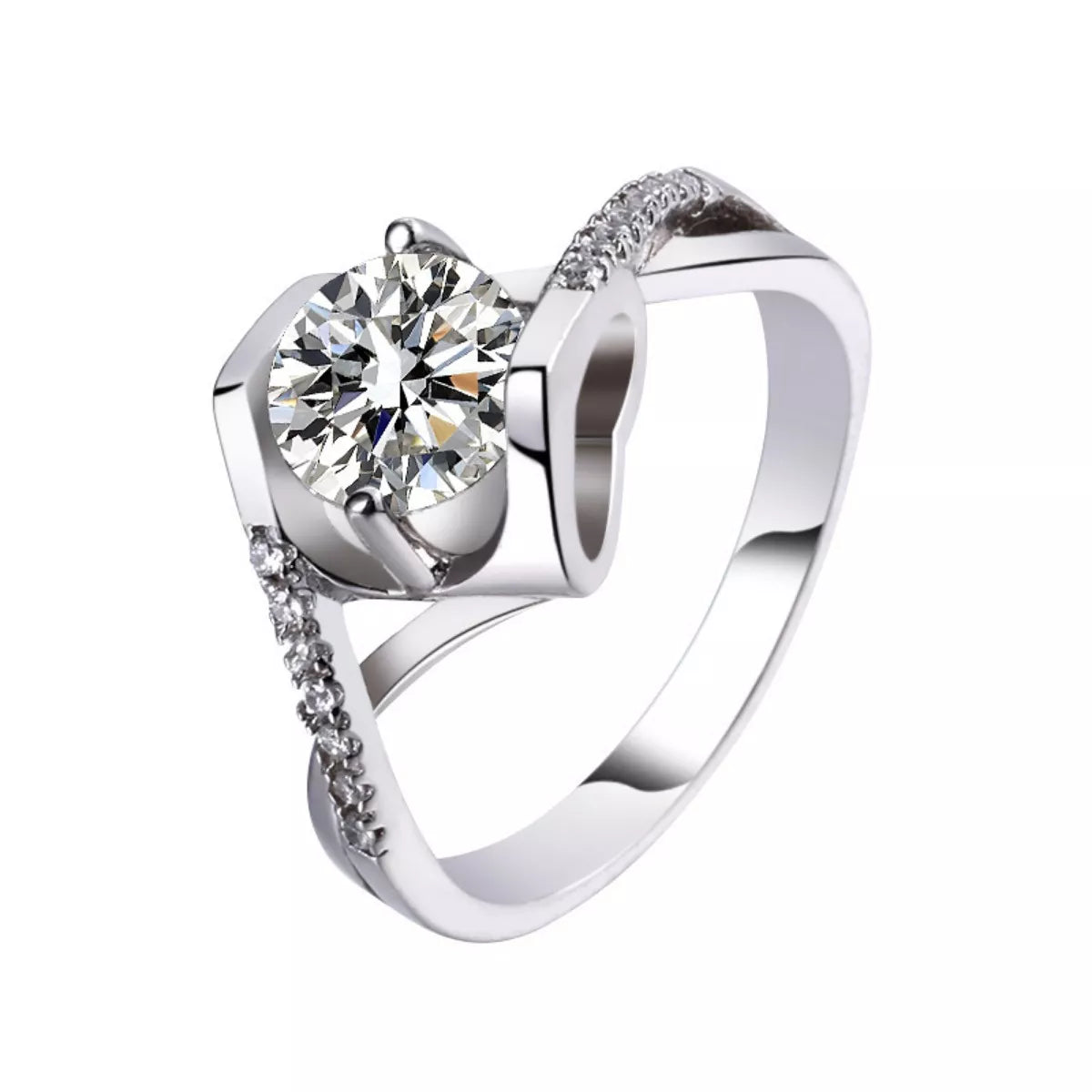 Sterling silver 1 carat moissanite ring with a sparkling central stone, featuring a sleek and elegant design.