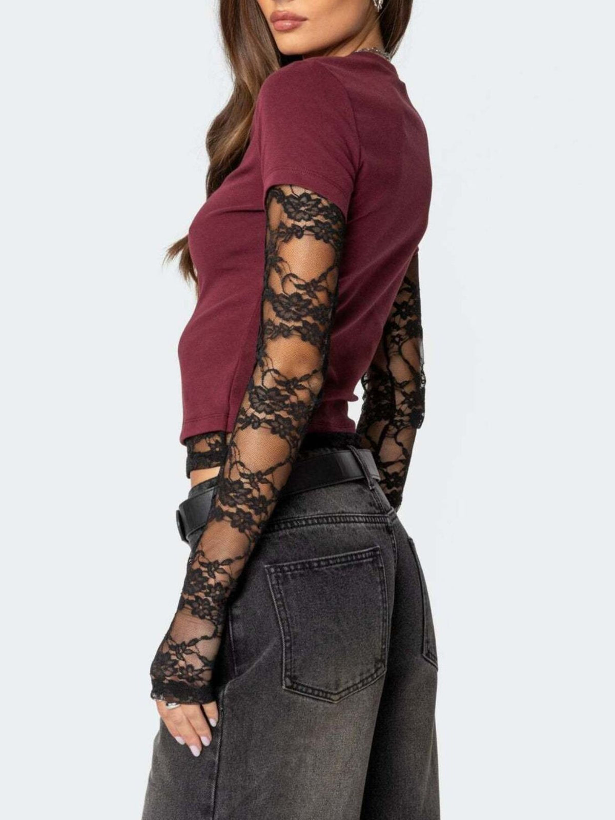 Women's fitted casual T-shirt with lace sleeves from Plush Fashion Hub, featuring a stylish and sophisticated design.