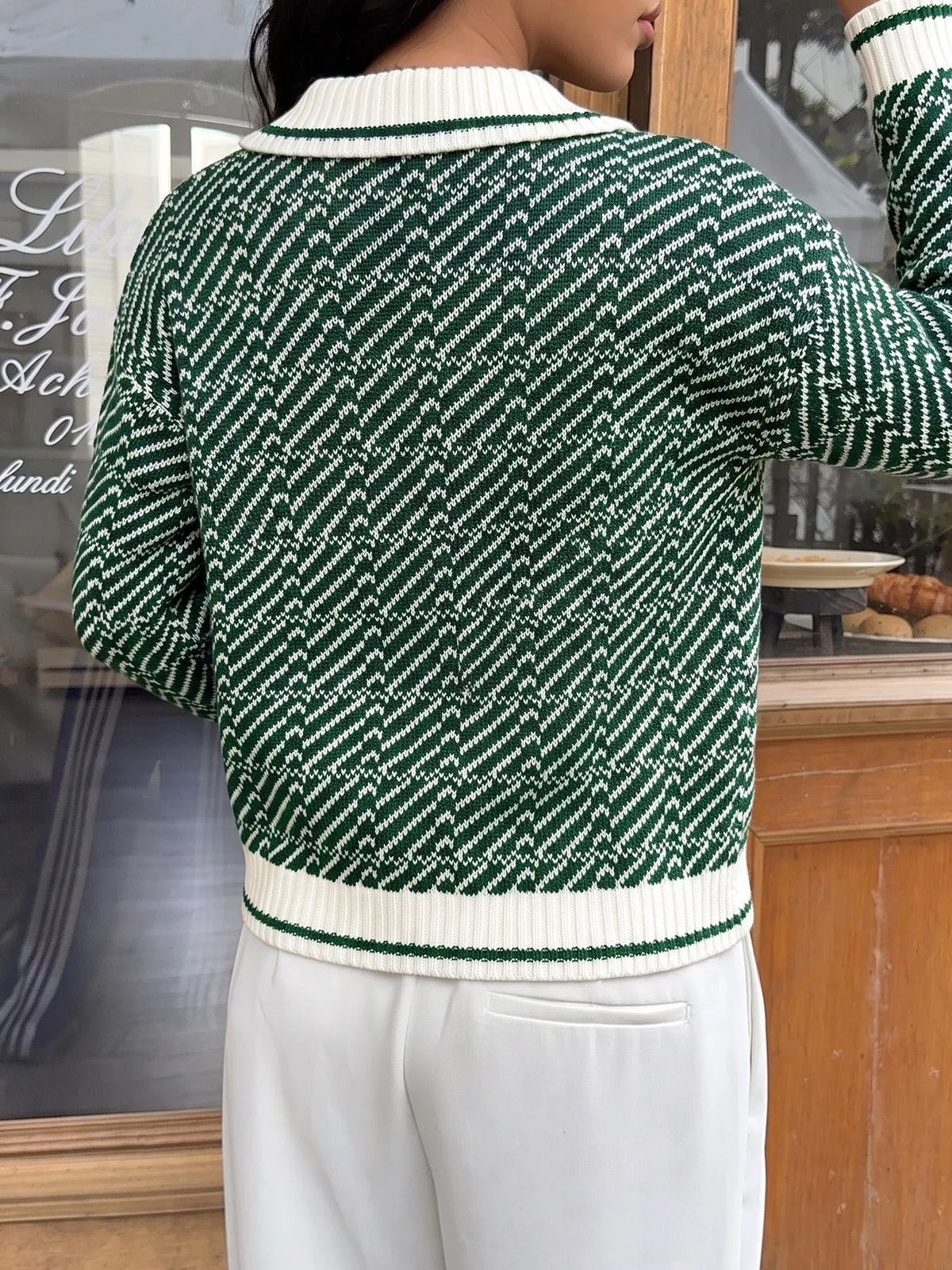 Plush Fashion Hub geometric patterned collared sweater with a stylish design and classic collar, perfect for casual wear.