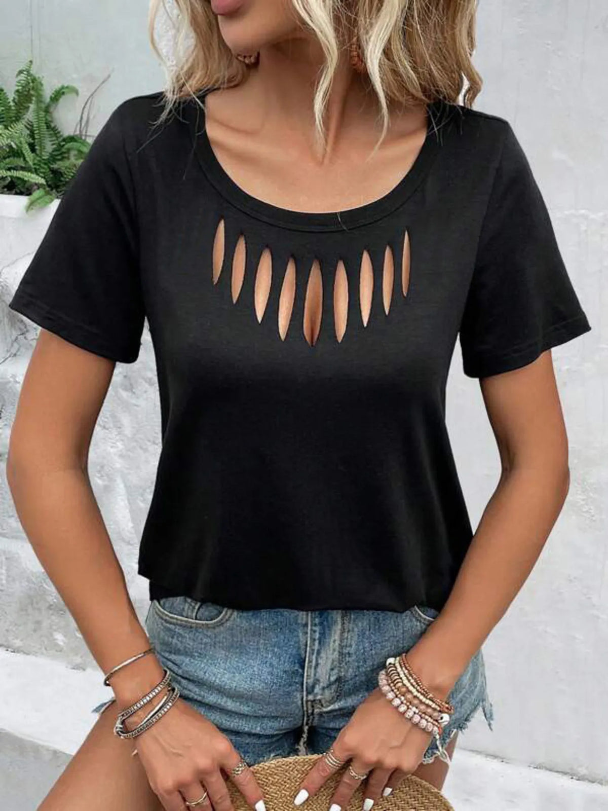 Plush Fashion Hub short sleeve T-shirt with hollow out neckline, casual tops, lightweight and stylish for everyday wear.