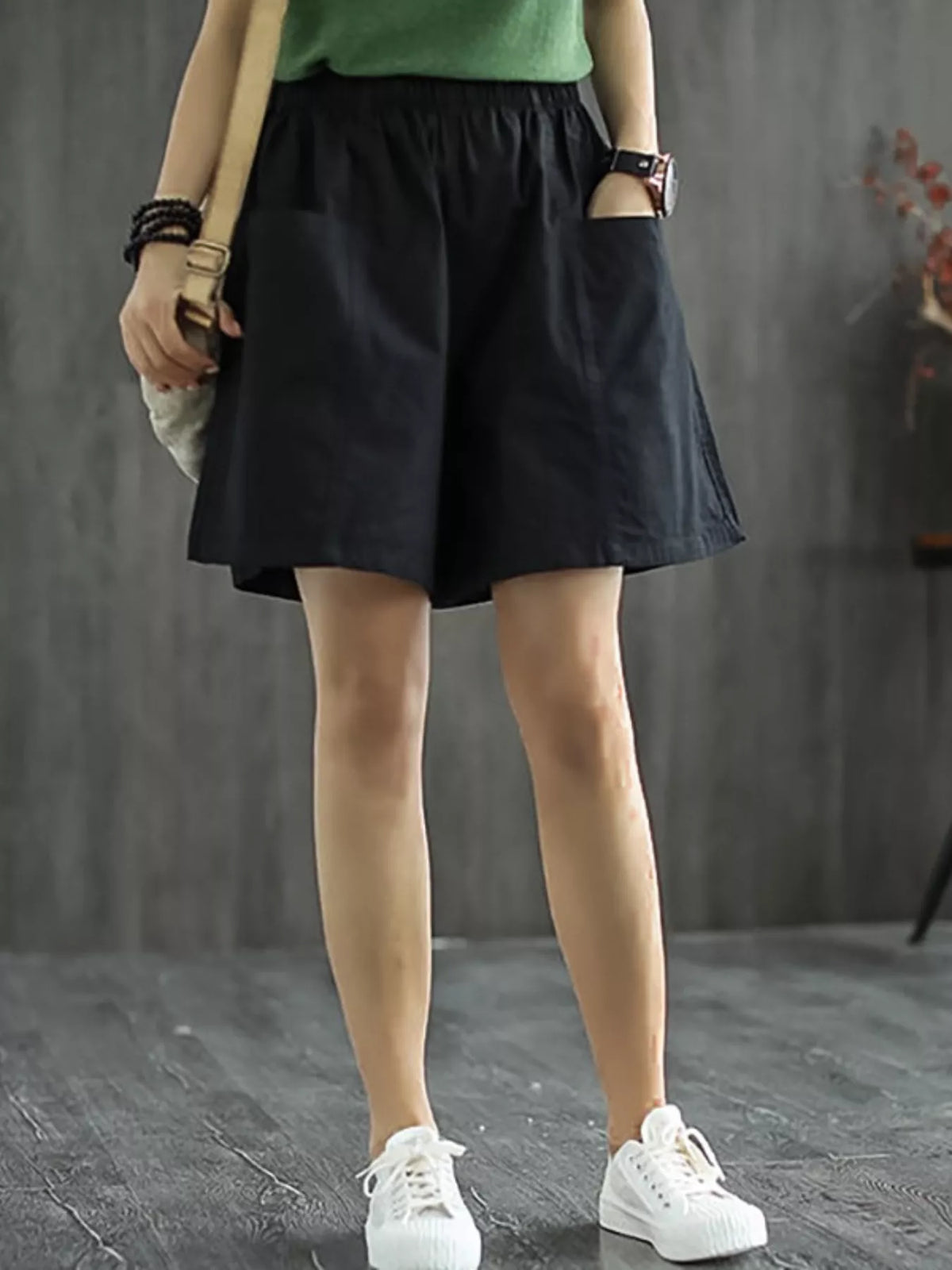 Casual elastic waist shorts from Plush Fashion Hub featuring a relaxed fit and comfortable fabric, shown in a neutral color.