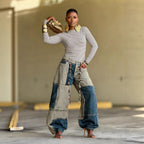 Two-tone Patchwork lash Hem Raw Edge Jeans with Belt
