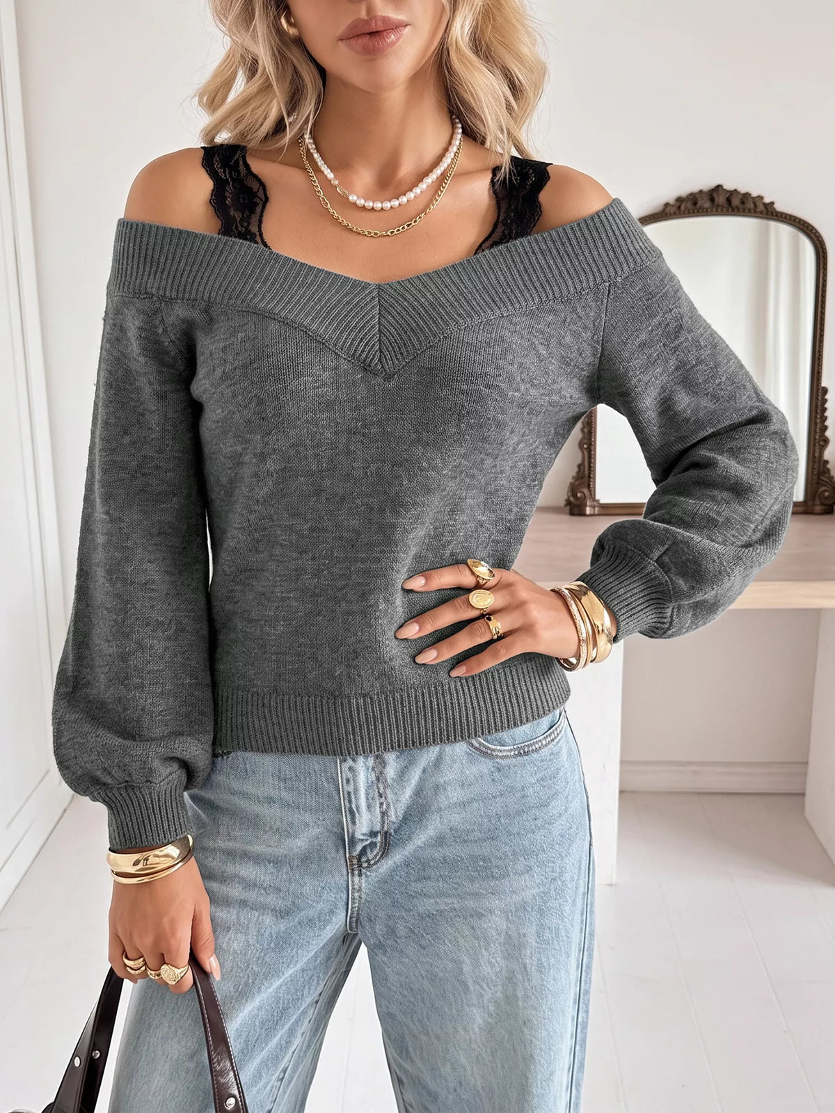 Off-shoulder lace trim sweater by Plush Fashion Hub featuring a cozy knit design with elegant lace details.