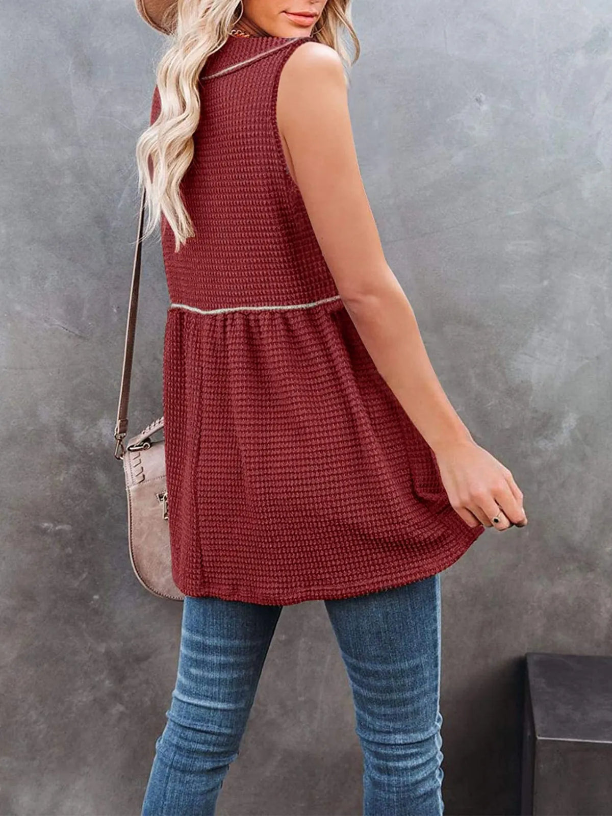Plush Fashion Hub V-neck waffle knit tank top with contrast stitching, sleeveless design, and relaxed fit.