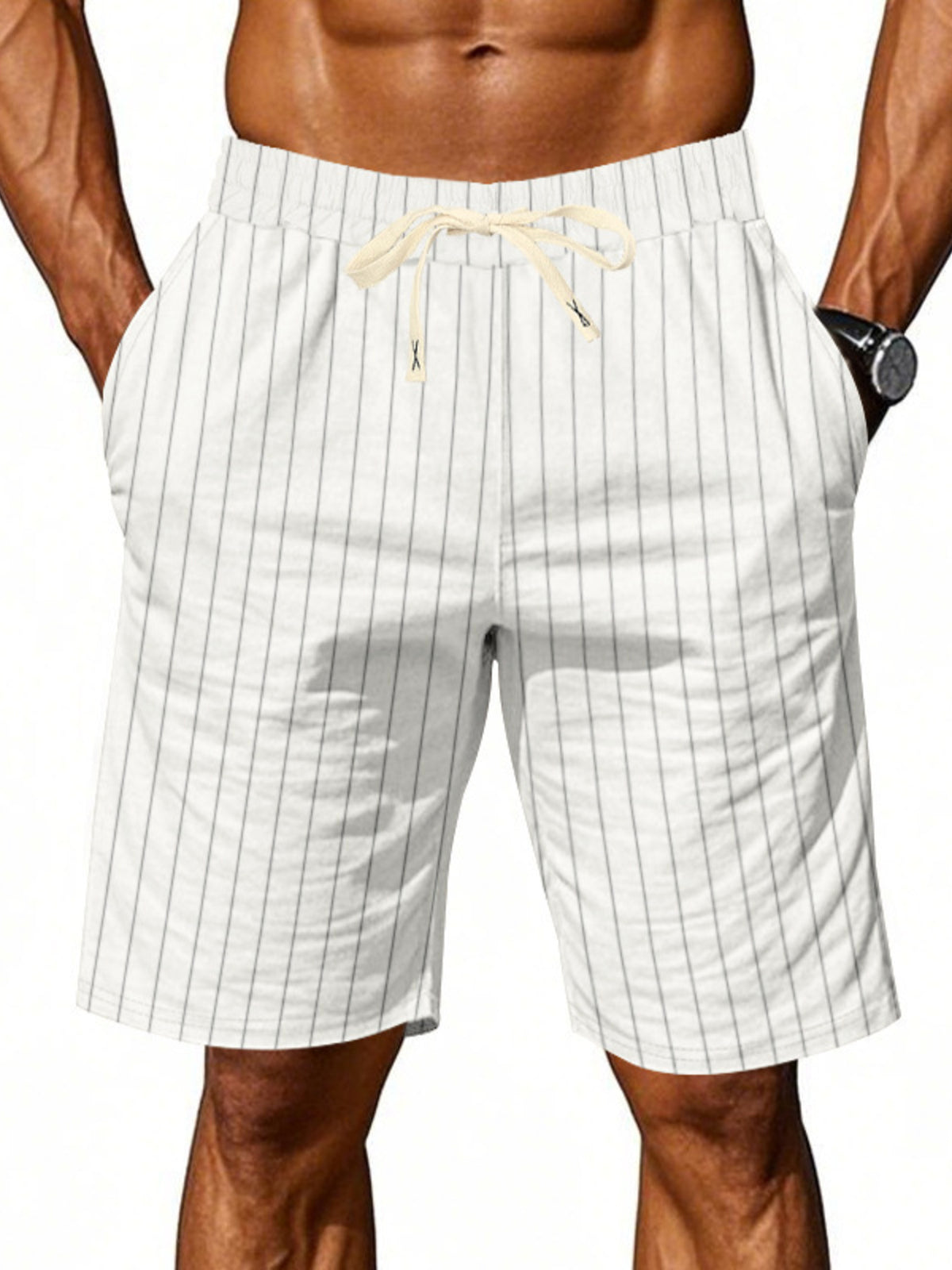 Men's full size striped casual shorts with drawstring waist from Plush Fashion Hub, featuring a comfortable fit and vibrant pattern.