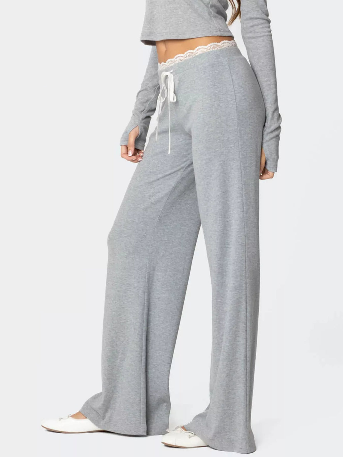 Women's wide-leg lounge pants by Plush Fashion Hub with lace trim and tie waist, relaxed fit for comfortable stylish wear.