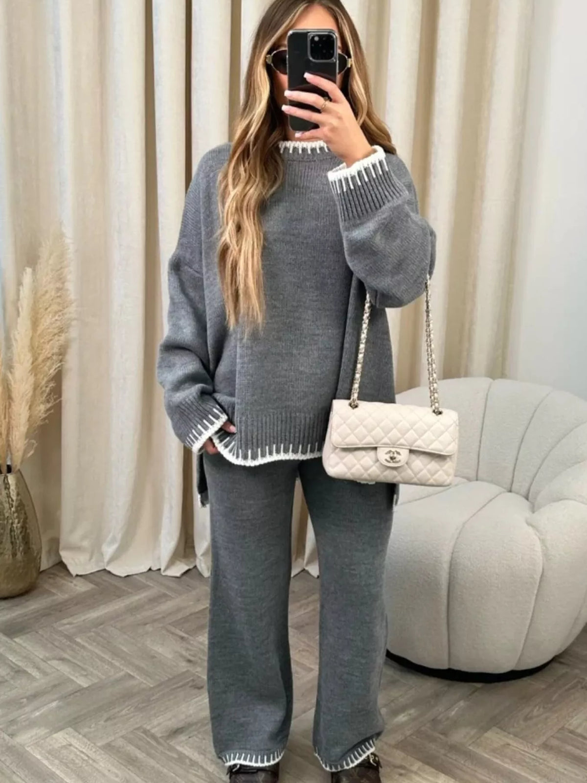 Simply Love contrast trim round neck top and pants sweater set, cozy knit with stylish details, perfect for casual wear.