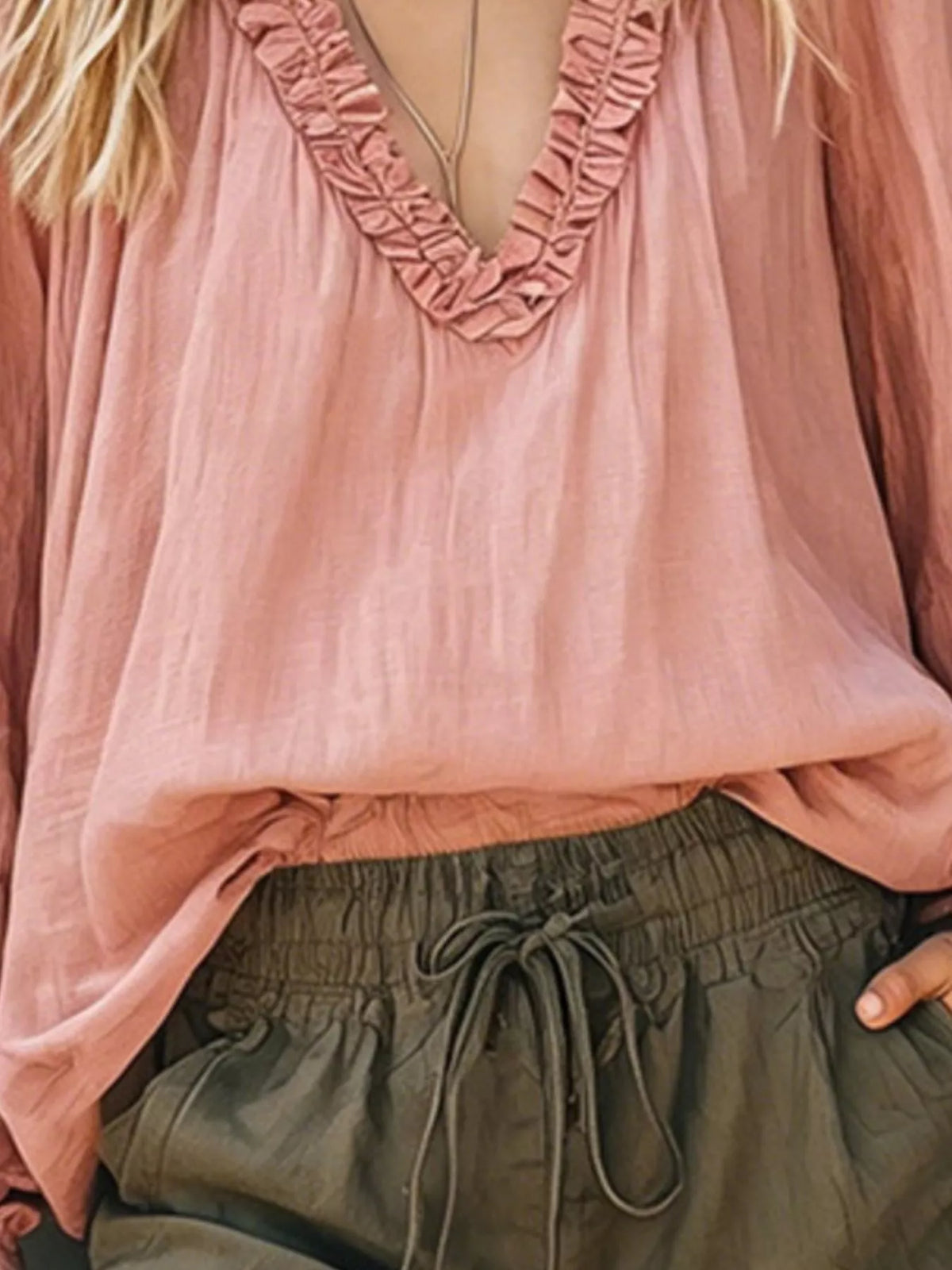 Plush Fashion Hub frill V-neck long sleeve blouse with ruffled details, lightweight shirt perfect for casual or dressy occasions.