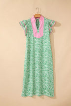 Floral midi dress with contrast trim and flutter sleeves from Trendsi, featuring a flowy silhouette and vibrant floral pattern.