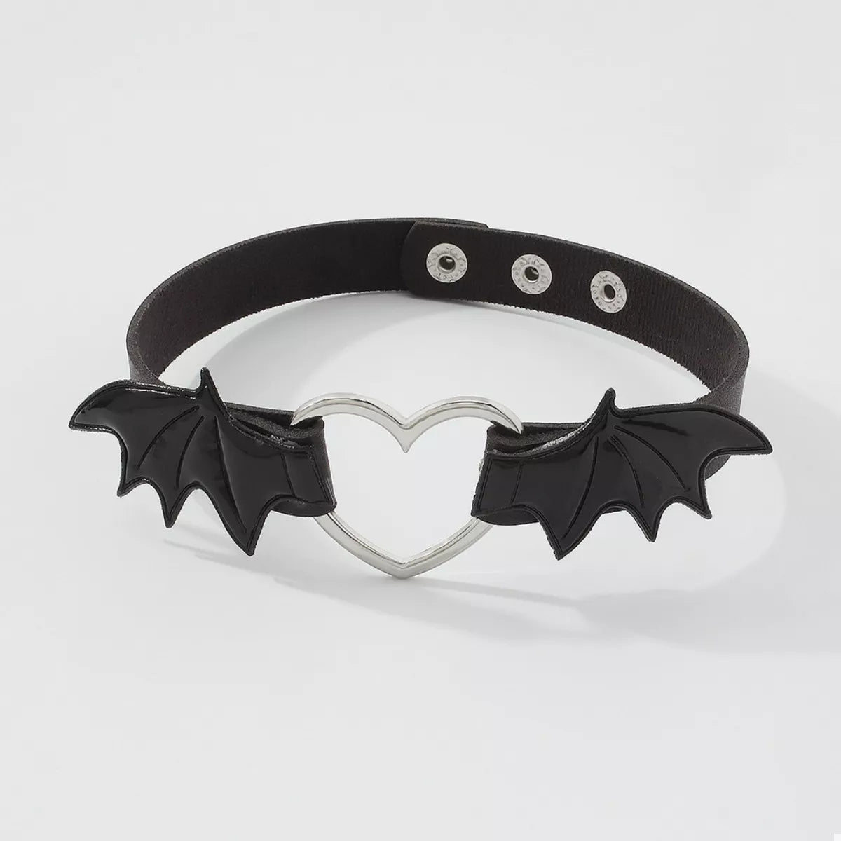Gothic Bat Wing Heart Choker Necklace with black bat wings and heart pendant, jewelry piece from Plush Fashion Hub