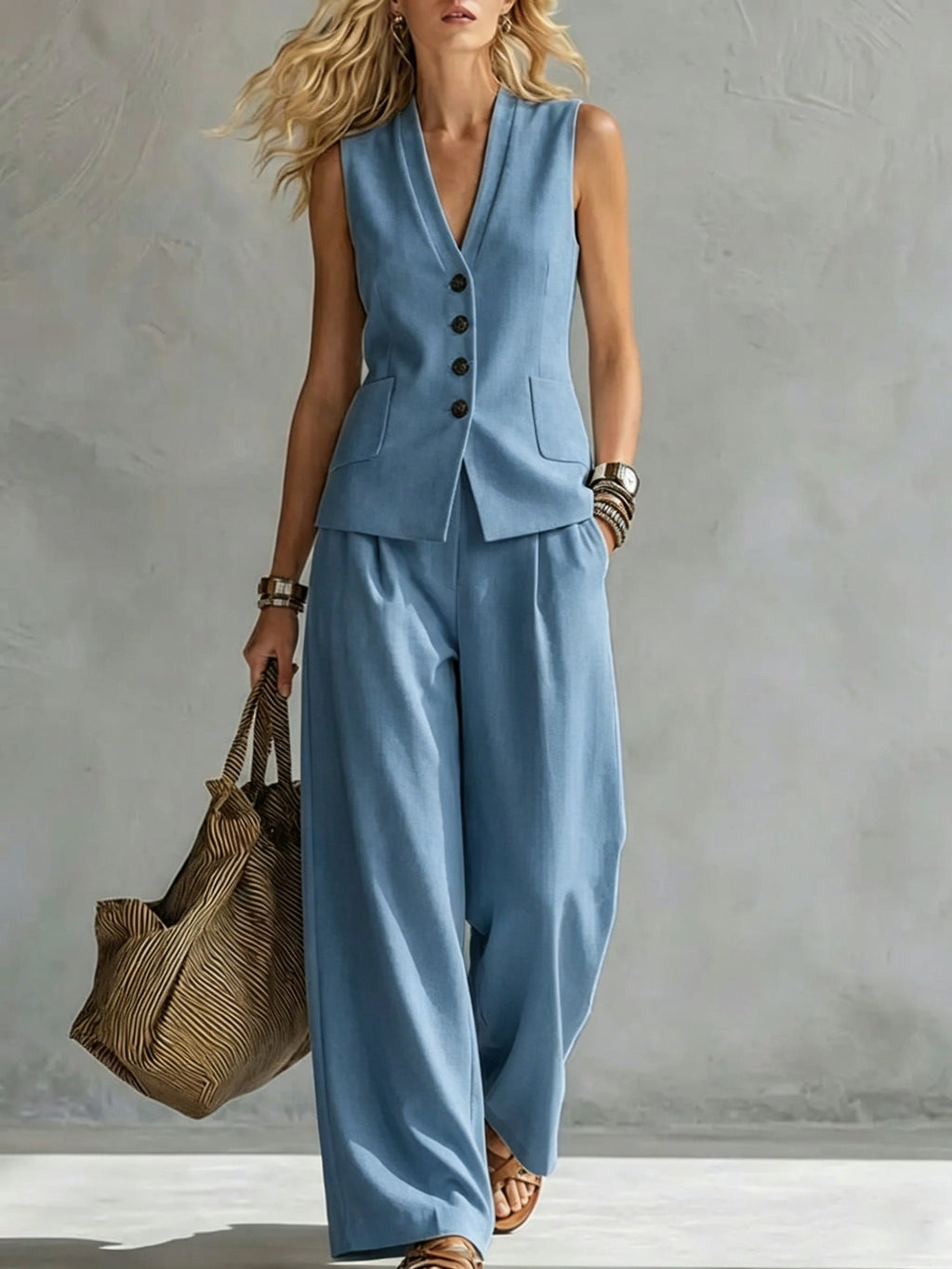Women's solid linen sleeveless tank top and full-length pants set by FitiqueFit, casualwear outfit in a relaxed fit.