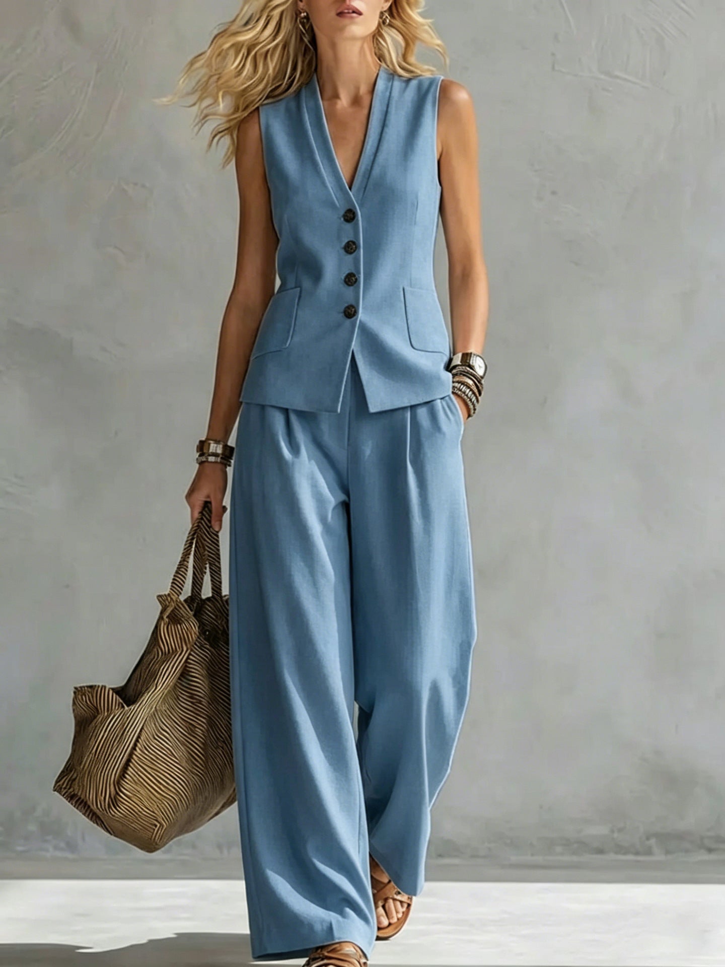 Women's solid linen sleeveless tank top and full-length pants set by FitiqueFit, casualwear outfit in a relaxed fit.