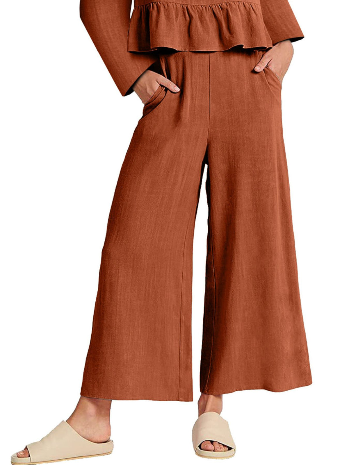 Women's long sleeve ruffled hem top and pants lounge set with pockets by Plush Fashion Hub, displayed together in a cozy relaxed fit.