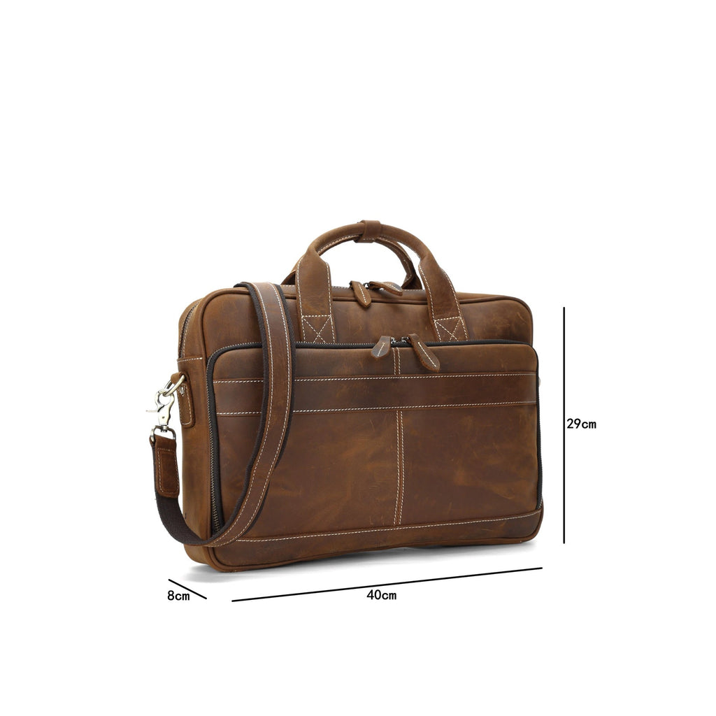Pi-Mart horse leather men's shoulder bag and briefcase with laptop compartment, stylish and durable for professional use.