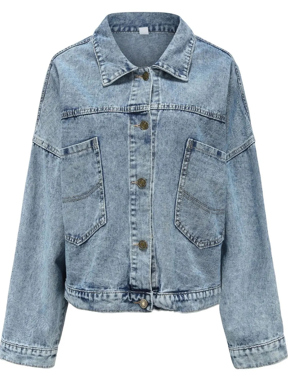 Light blue denim jacket with drop shoulder design and button-down front, styled as trendy denim jeans.