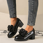 Women's Plush Fashion Hub bowtie round toe low heel pumps in wide size, casual PU footwear with stylish design and comfortable fit.