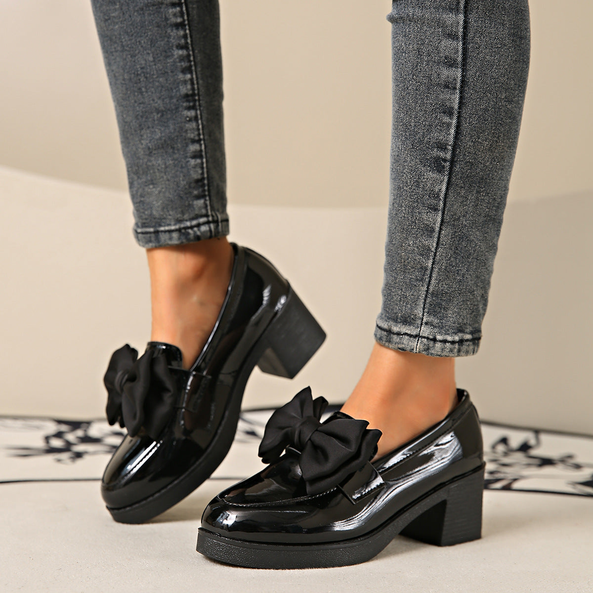 Women's Plush Fashion Hub bowtie round toe low heel pumps in wide size, casual PU footwear with stylish design and comfortable fit.