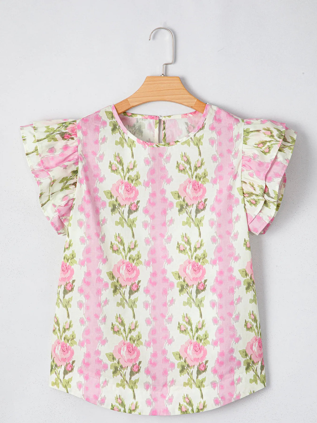 Floral print ruffled sleeve blouse by Plush Fashion Hub, showcasing a stylish blouse with feminine ruffle details and vibrant floral pattern.