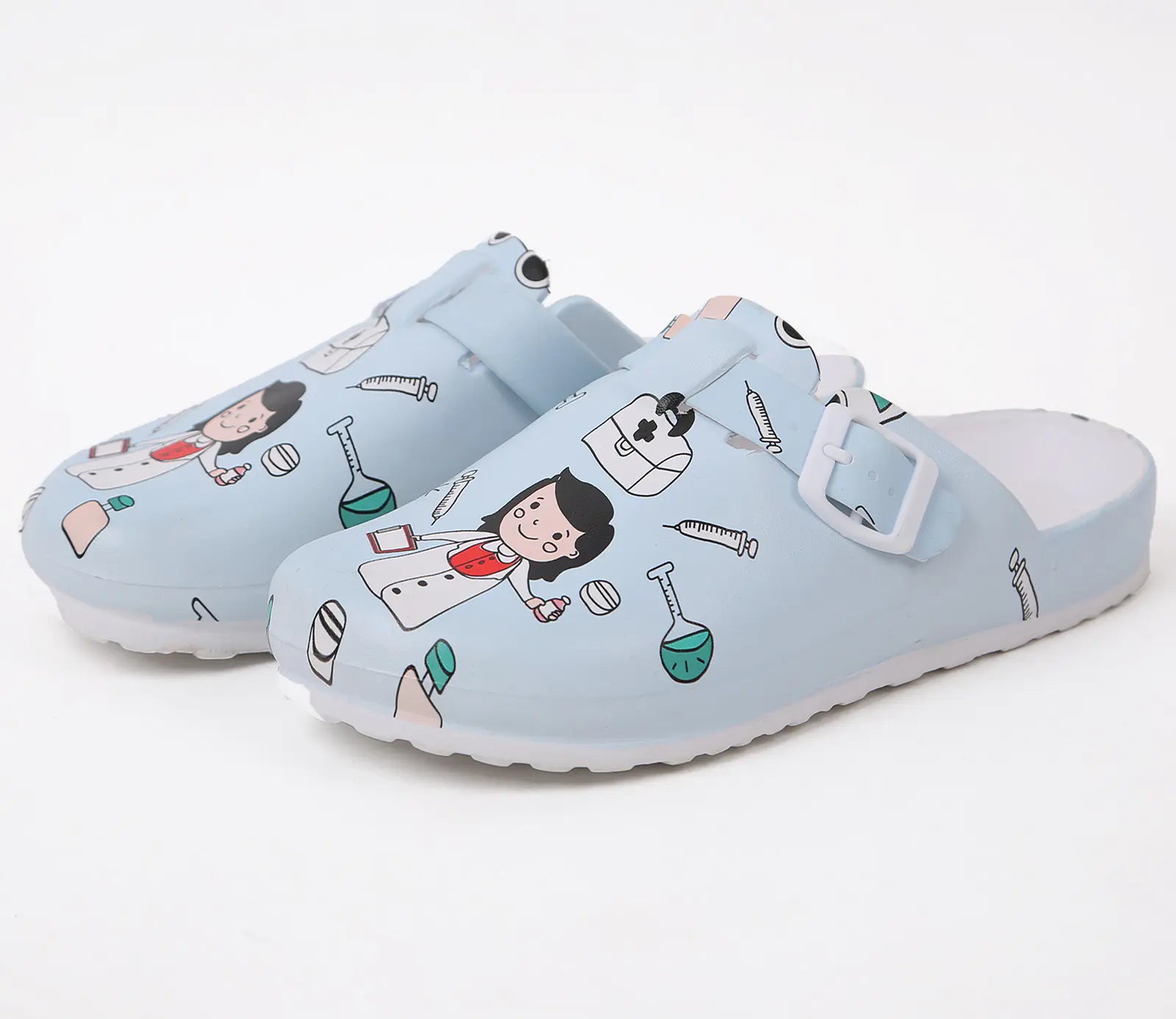 Cartoon nurse-themed women's sandals with colorful, playful design, perfect for comfortable summer footwear.