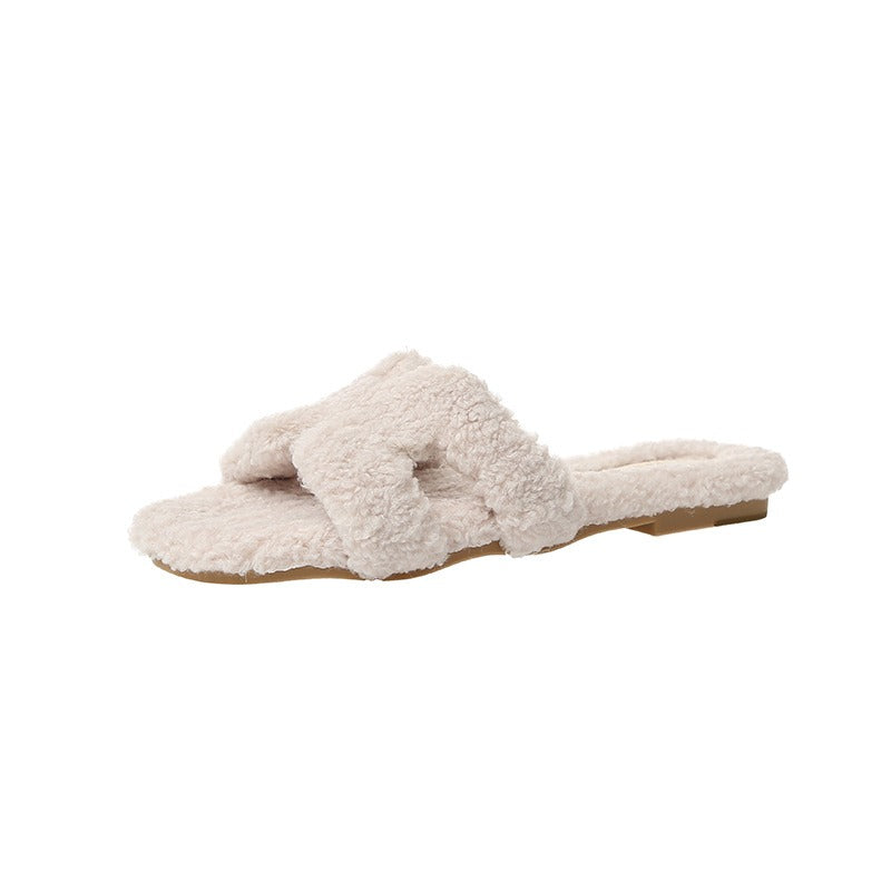 Rainbow lamb fur suede slide sandals from Plush Fashion Hub with colorful fur accents and comfortable slip-on design.