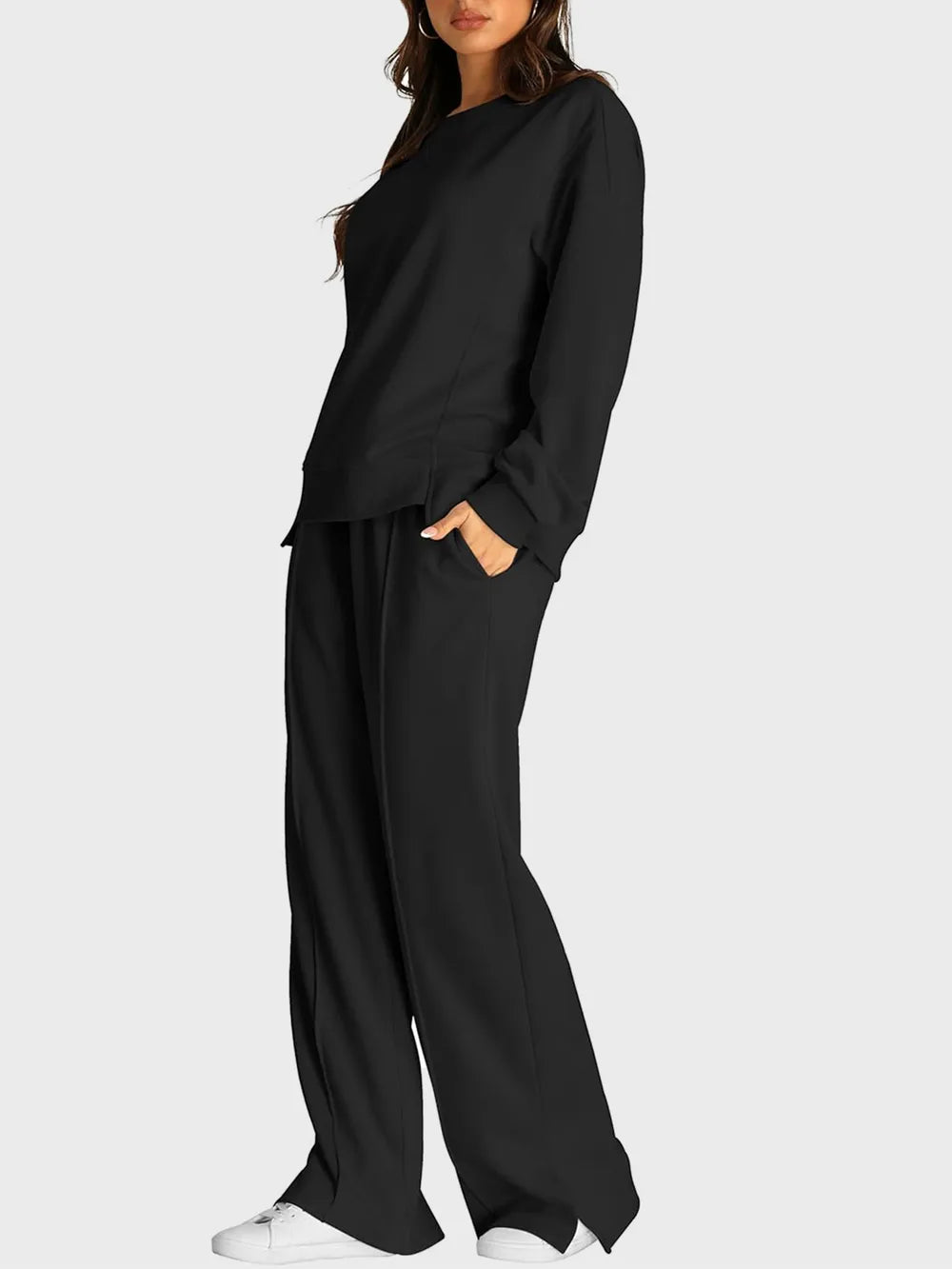 Trendsi round neck long sleeve top and slit pants set, stylish matching outfit, soft fabric, casual chic look.