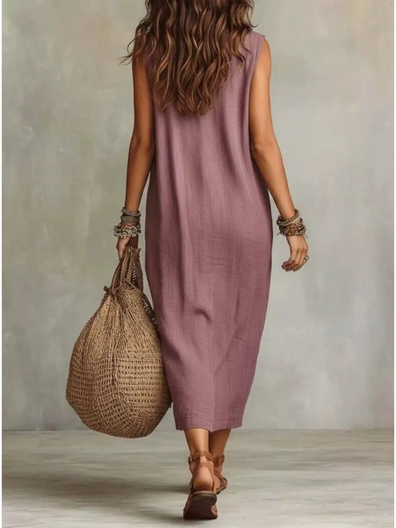 Plus size sleeveless cowl neck midi dress by Trendsi, featuring a flowing silhouette and stylish design, shown from the front.