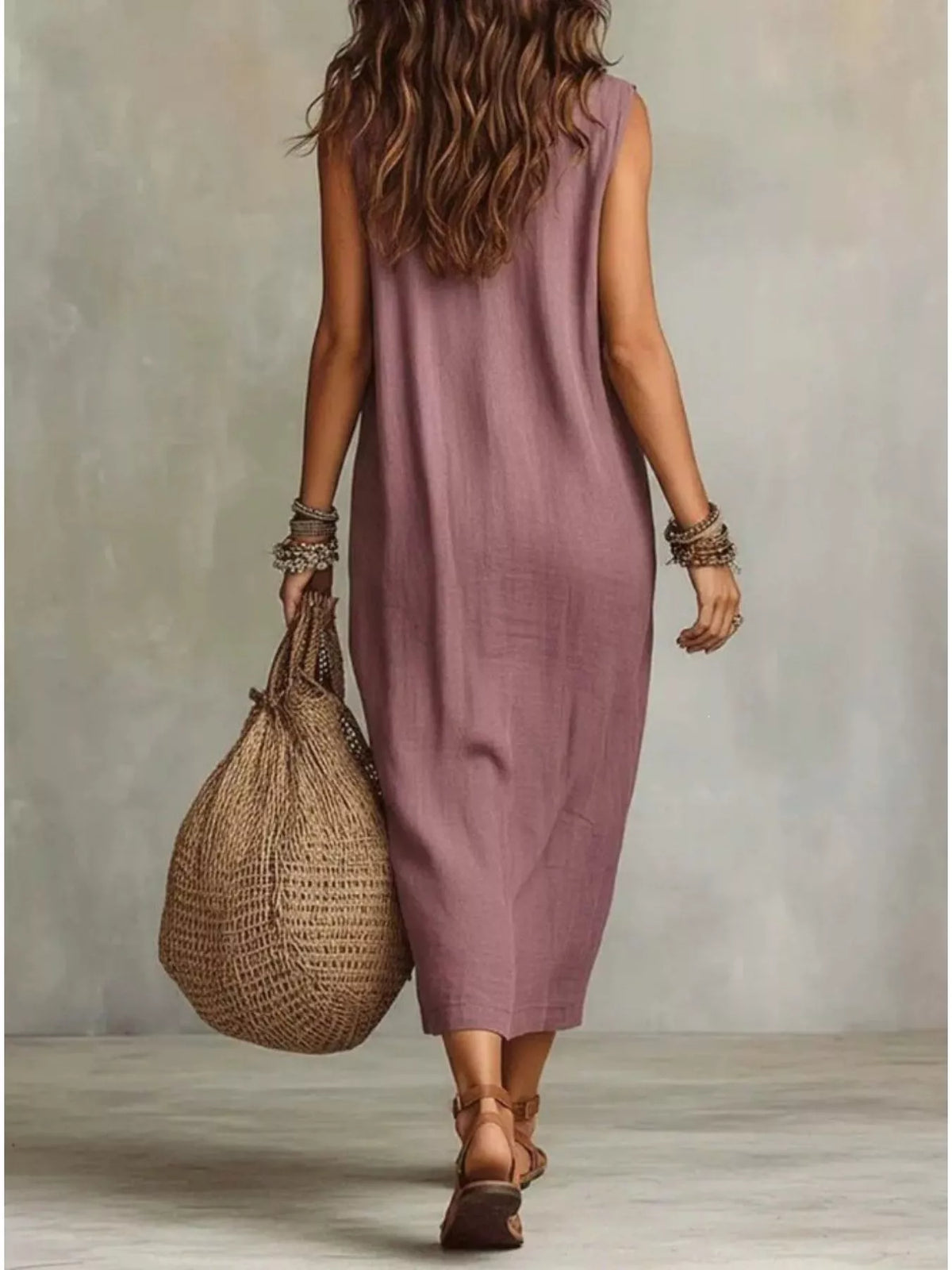 Plus size sleeveless cowl neck midi dress by Trendsi, featuring a flowing silhouette and elegant neckline, shown in full length.