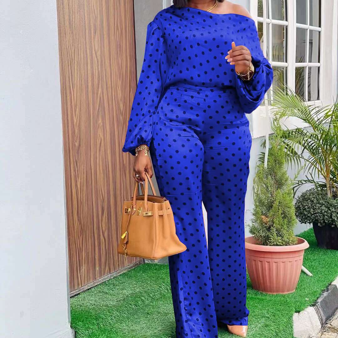 Polka Dot Printed Long-sleeved Trousers Casual Fashion Loose Shoulder Effortlessly elevate your wardrobe with our Polka Dot Printed Long-sleeved Trousers. Made from lightweight, comfy polyester, these trousers feature lantern sleeves f2 piece Pants setPlush Fashions ShopPlush Fashion Shop