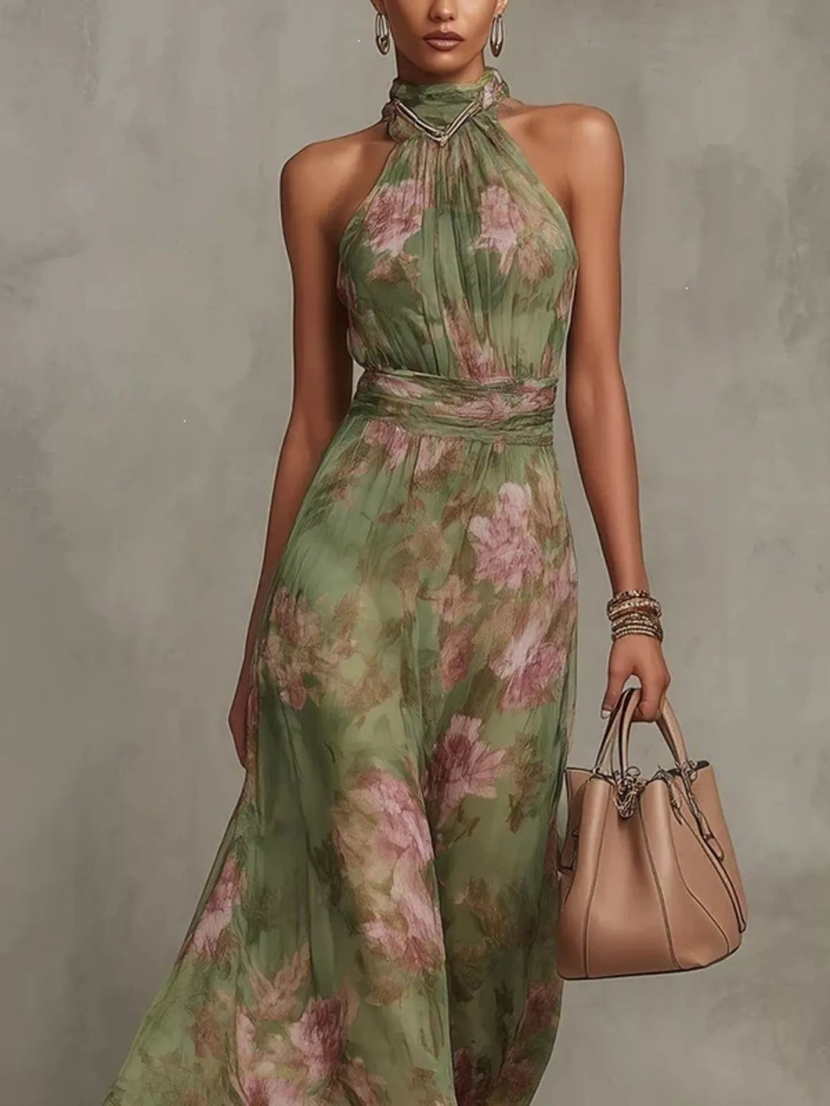 Plus size floral print sleeveless maxi dress by Trendsi, flowing full-length dress with vibrant floral pattern and sleeveless design.