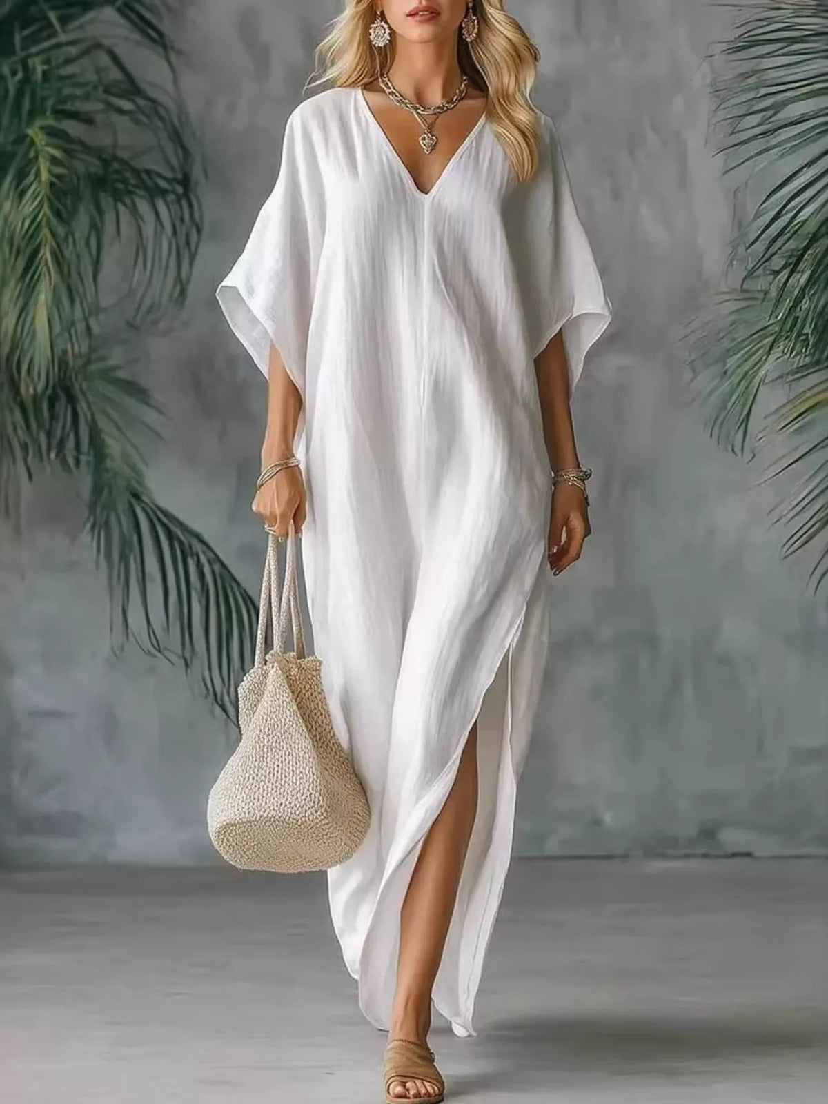 Plush Fashion Hub plus size V-neck maxi dress with side slits, flowing fabric, in full size, suitable for casual or formal wear.