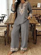 Women’s casual ethnic two-piece set by FitiqueFit featuring a long sleeve shirt and cropped pants, stylish and comfortable for everyday wear.