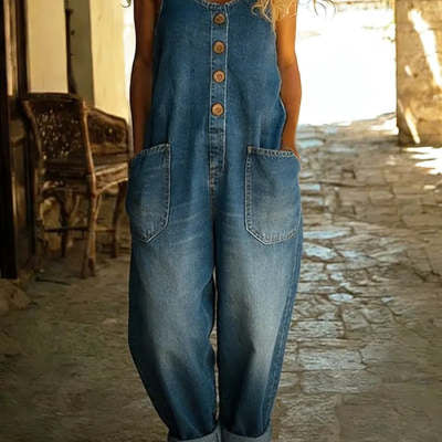 FitiqueFit retro buckle multi-pocket overalls jumpsuit with 3/4 sleeves, featuring a stylish design and multiple functional pockets.