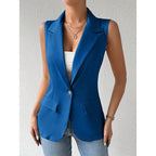 Women's sleeveless open-front vest blazer by FitiqueFit, featuring a tailored fit and professional office-appropriate style.