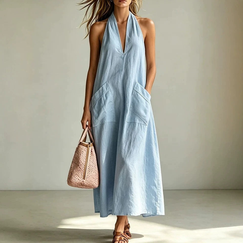Cotton halterneck sleeveless deep V-neck casual dress by FitiqueFit, featuring a loose straight-line fit and breathable fabric.